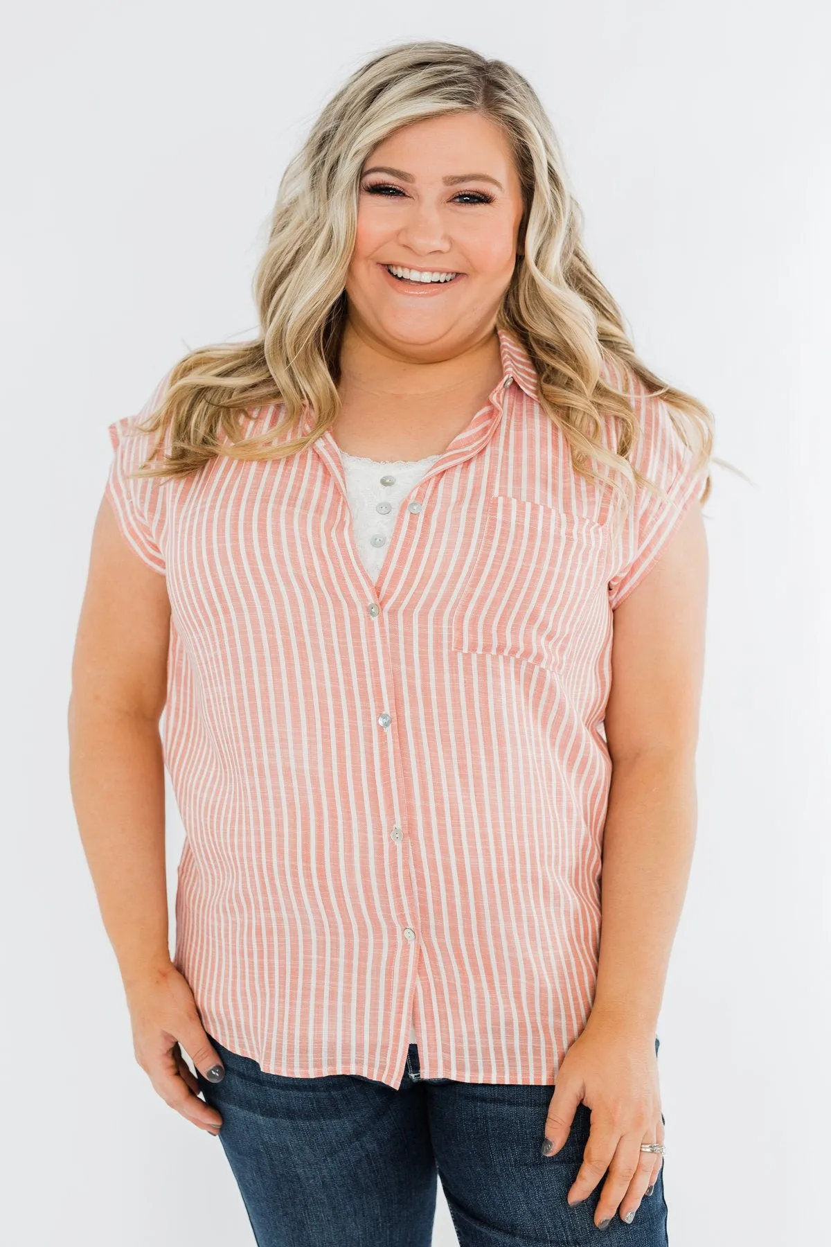 Make Living Fun Striped Button Top- Peach