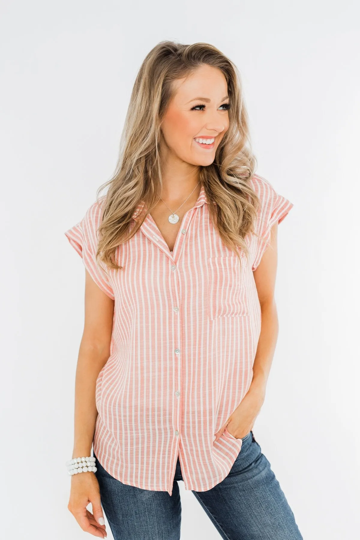 Make Living Fun Striped Button Top- Peach
