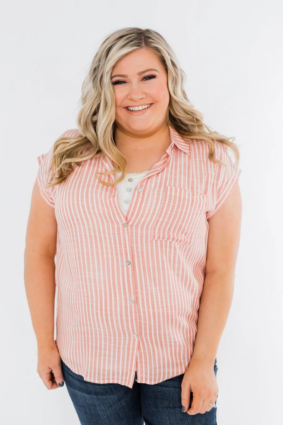 Make Living Fun Striped Button Top- Peach
