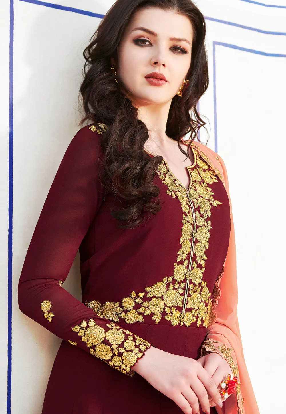 Maroon And Peach Golden Embroidered Flared Anarkali Suit