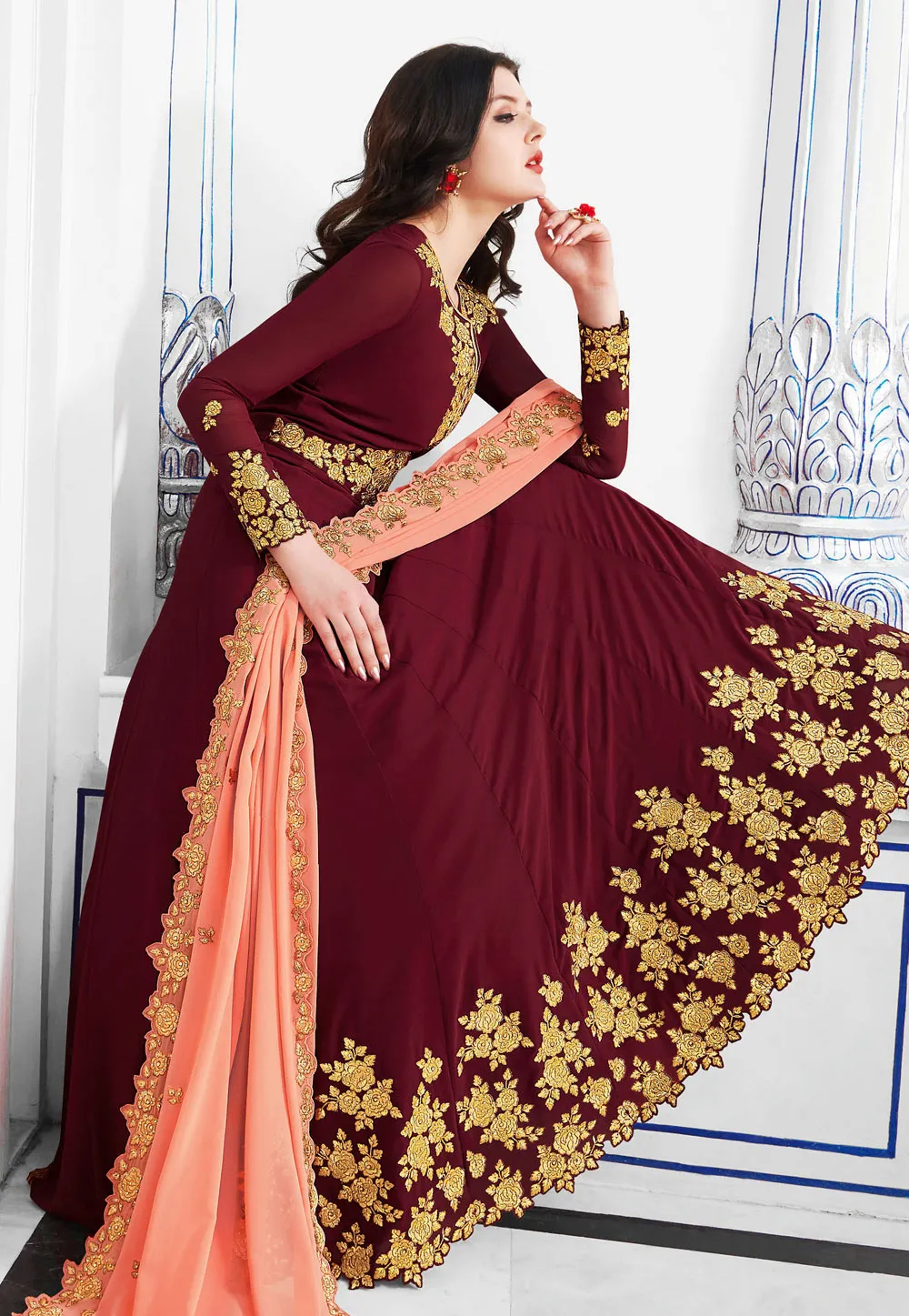 Maroon And Peach Golden Embroidered Flared Anarkali Suit