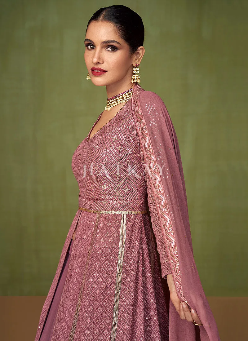 Mauve Purple Golden Embroidered Slit Style Anarkali Lehenga Suit