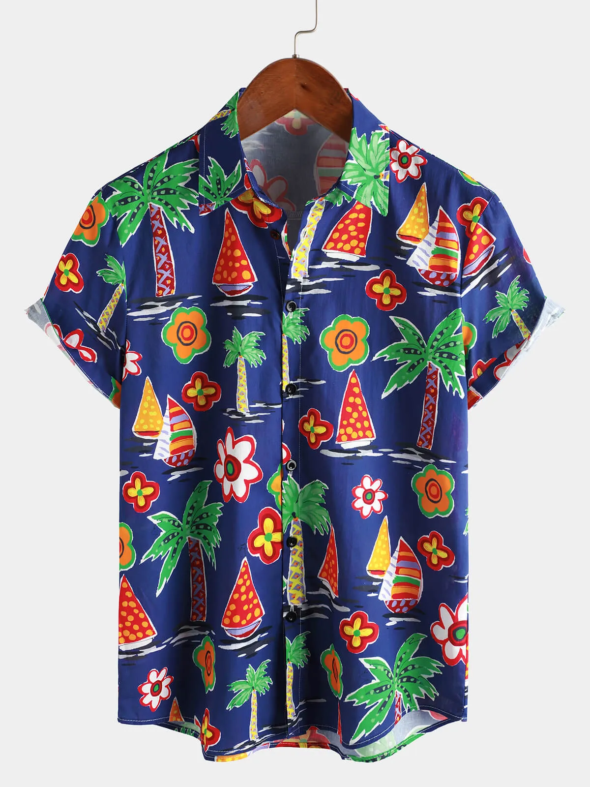 Men‘s 100% Cotton Tropical Summer Beach Short Sleeve Button Shirt