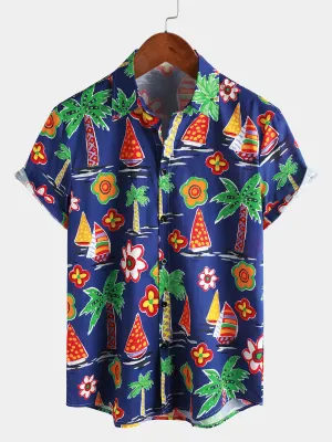 Men‘s 100% Cotton Tropical Summer Beach Short Sleeve Button Shirt
