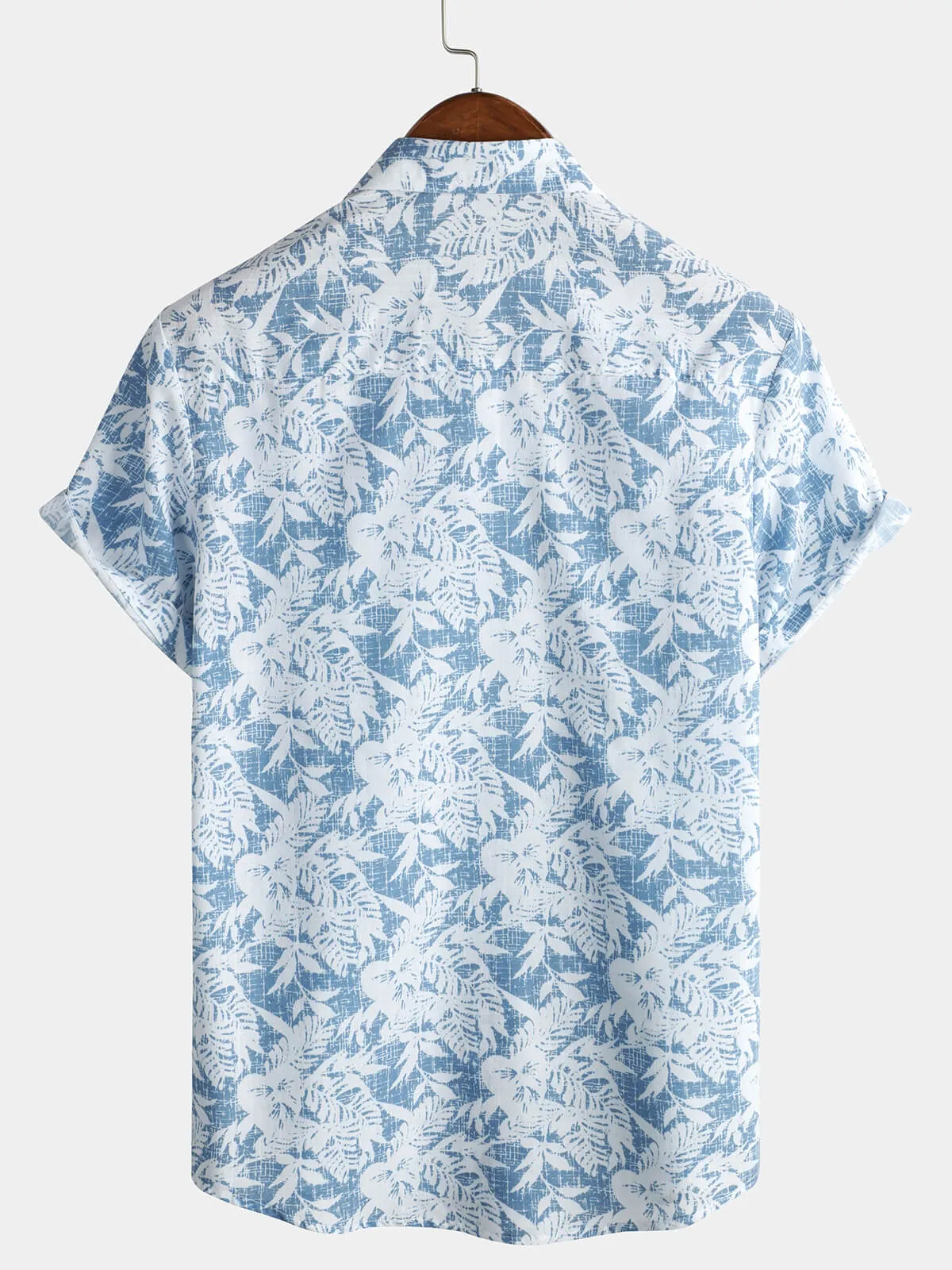 Men's Blue Cotton Vintage Floral Leaf Print Beach Hawaiian Short Sleeve Button Up Shirt