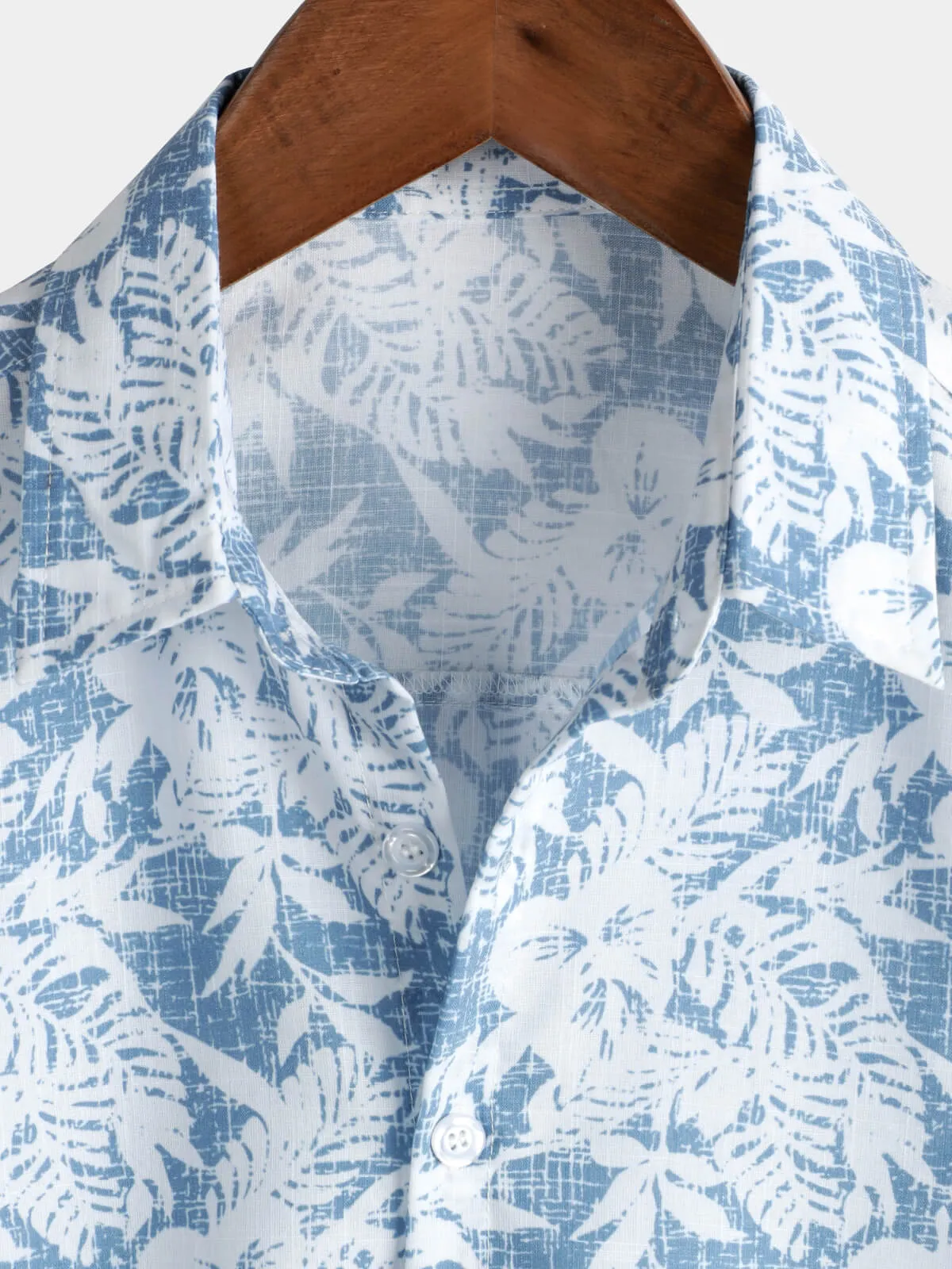 Men's Blue Cotton Vintage Floral Leaf Print Beach Hawaiian Short Sleeve Button Up Shirt