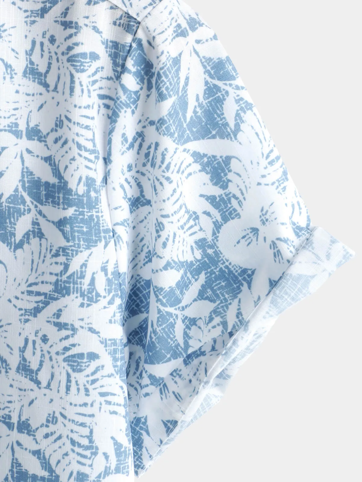 Men's Blue Cotton Vintage Floral Leaf Print Beach Hawaiian Short Sleeve Button Up Shirt