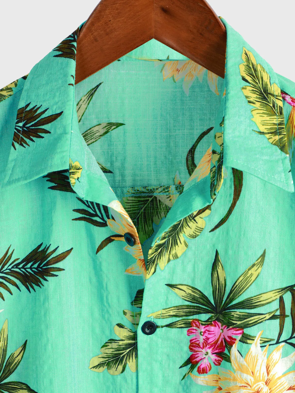 Men's Casual Tropical Floral Print Light Green Hawaiian Holiday Short Sleeve Shirt