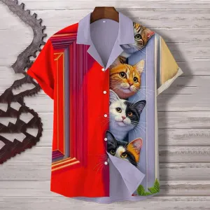 Men's Cats By Door Art Print Linen Blend Shirt
