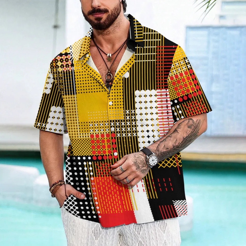 Men's Color Block Pattern Button Down Shirt 2409009469