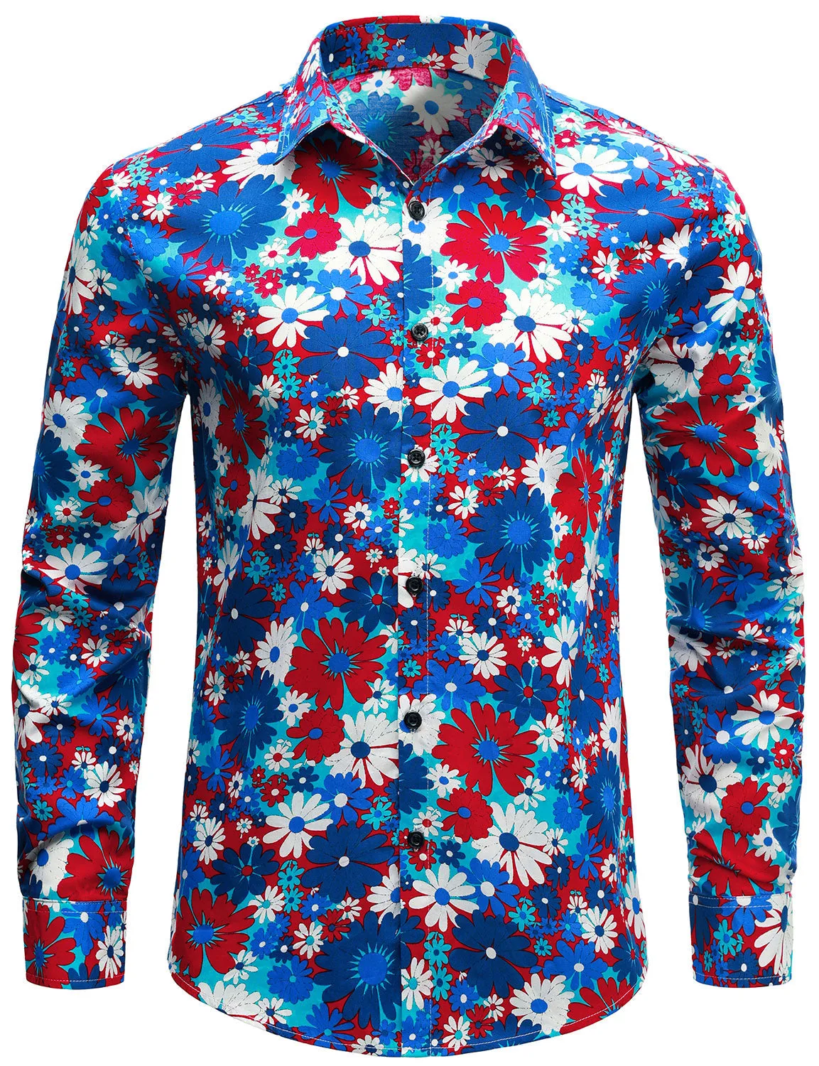Men's Cotton Blue Floral Button Up Long Sleeve Shirt