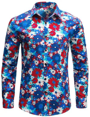 Men's Cotton Blue Floral Button Up Long Sleeve Shirt