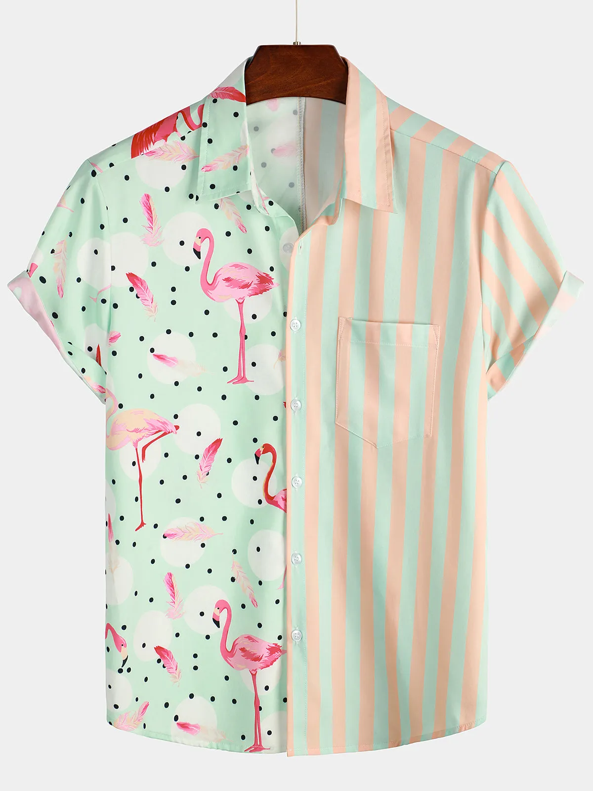 Men's Flamingo & Striped Print Holiday Short Sleeve Shirt