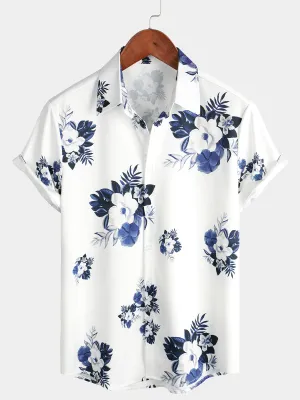 Men's Floral Holiday Summer Print Casual Button Up White Beach Short Sleeve Shirt