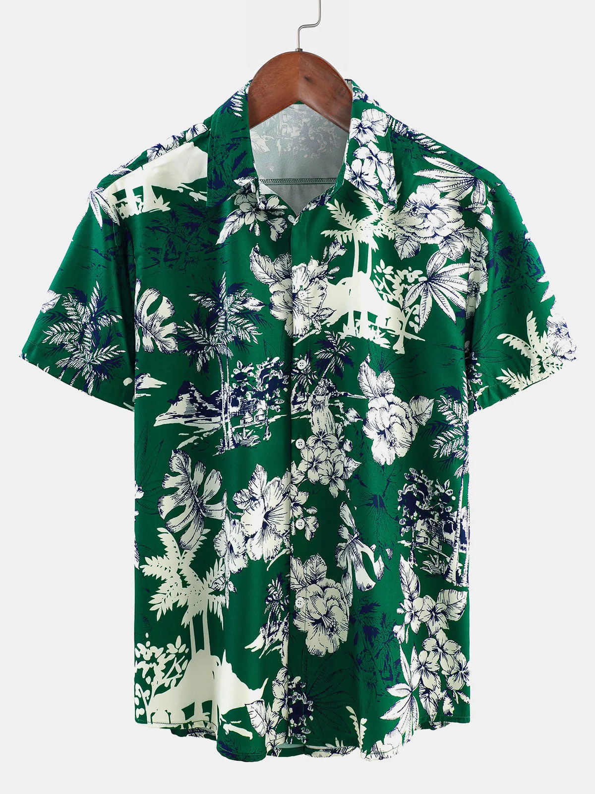 Men's Hawaiian Holiday Tropical Print Green Short Sleeve Shirt