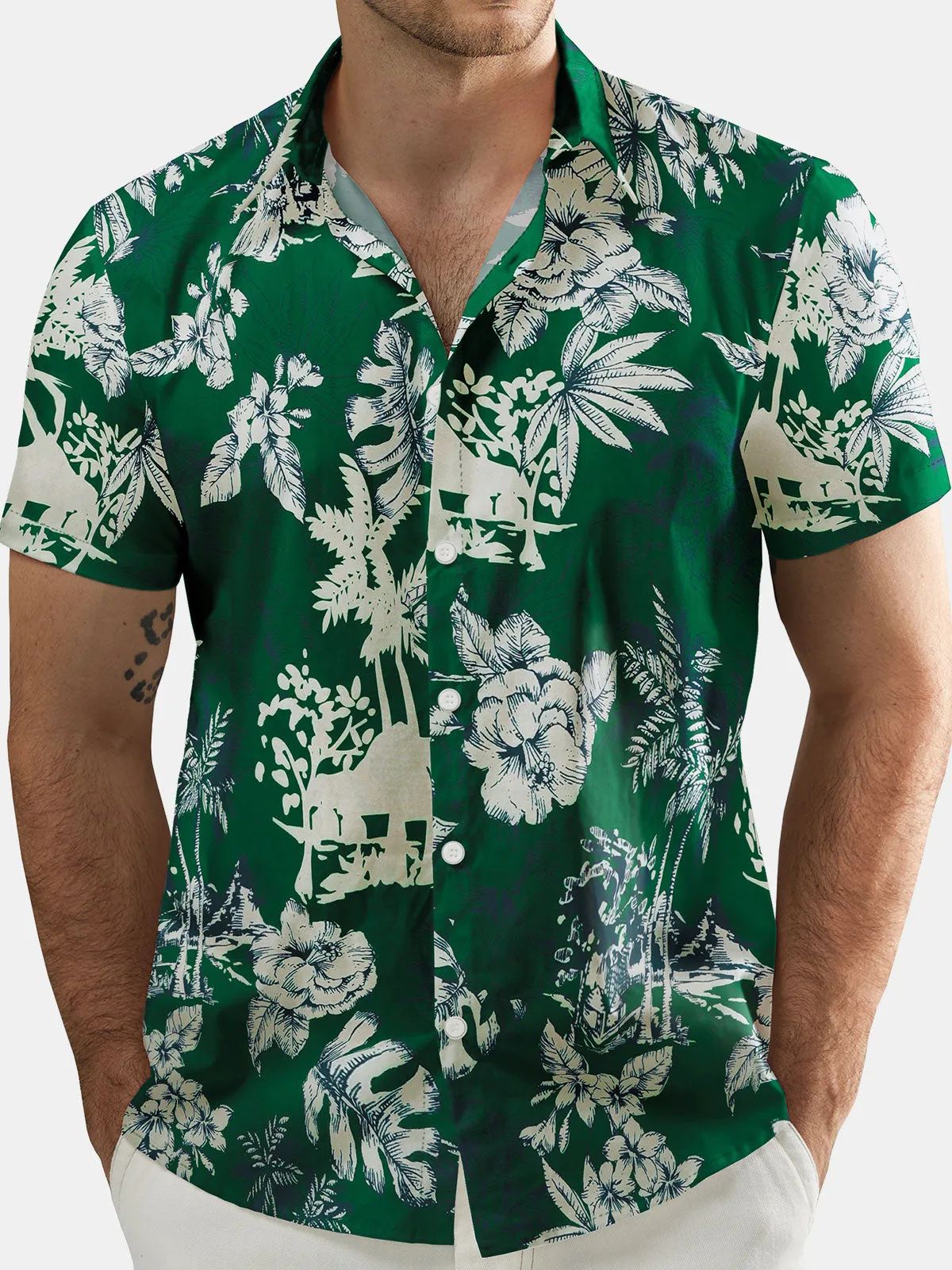 Men's Hawaiian Holiday Tropical Print Green Short Sleeve Shirt