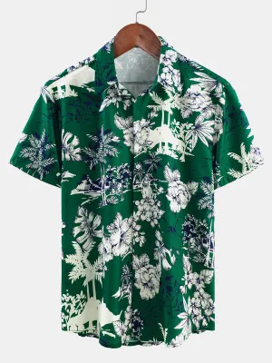 Men's Hawaiian Holiday Tropical Print Green Short Sleeve Shirt