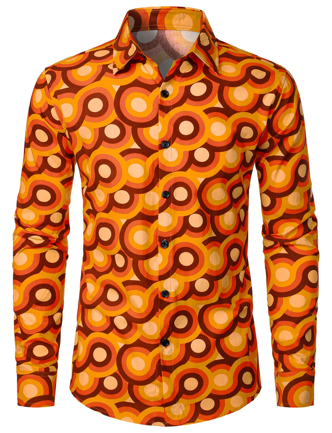 Men's Orange 70s Retro Button Up Vintage Geometric Circle Long Sleeve Shirt