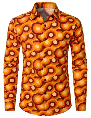 Men's Orange 70s Retro Button Up Vintage Geometric Circle Long Sleeve Shirt
