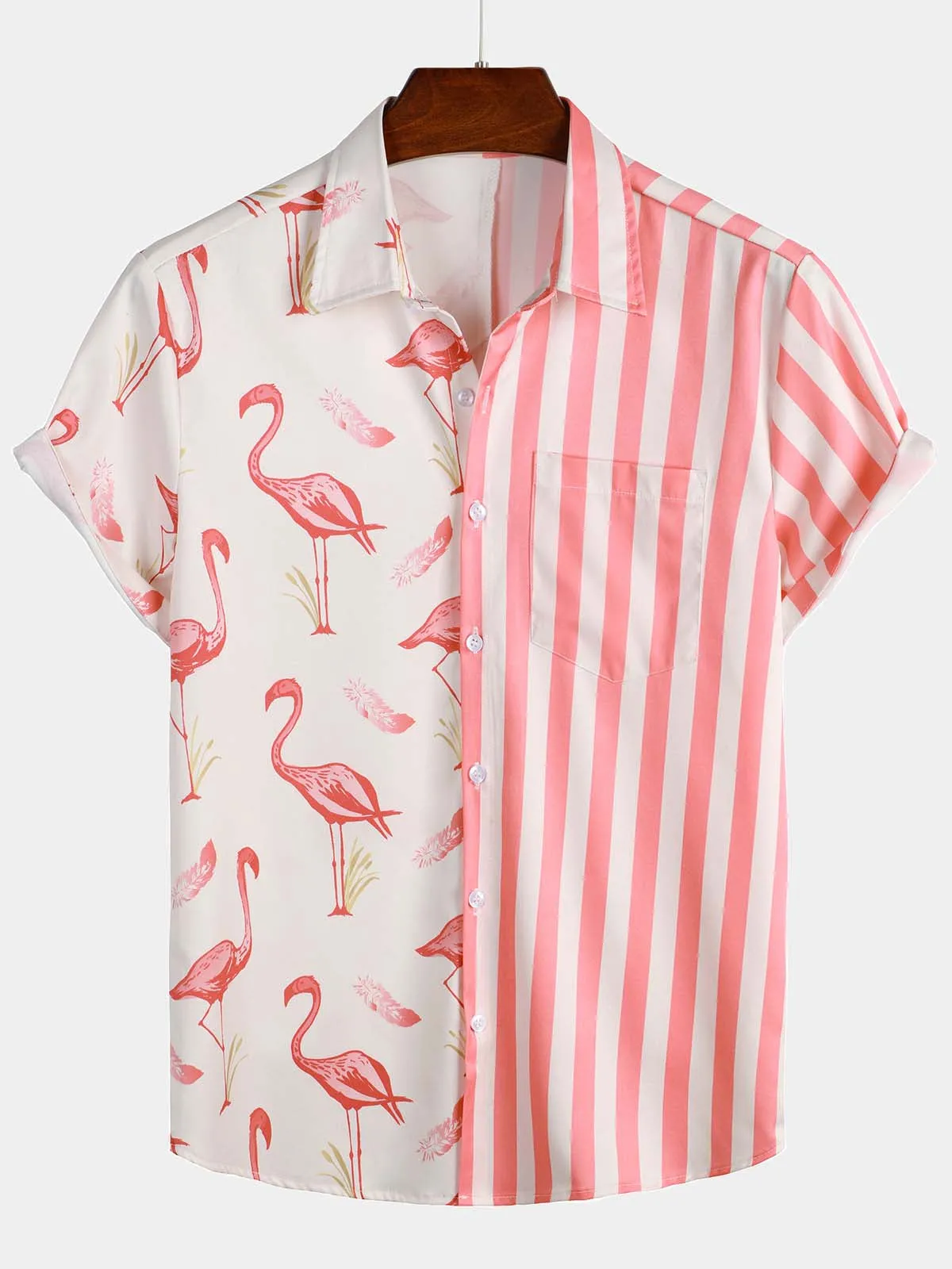 Men's Pink Flamingo & Striped Print Holiday Pocket Short Sleeve Shirt