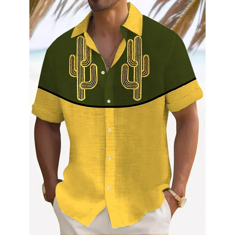 Men's Retro Western Print Short Sleeve Shirt