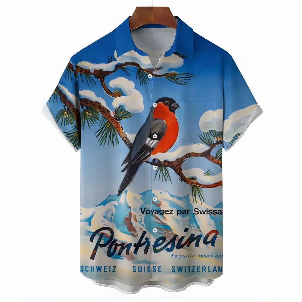 Men's Snowy Mountains And Birds Casual Short Sleeve Shirt 2403000441