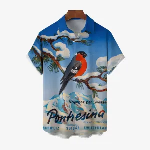 Men's Snowy Mountains And Birds Casual Short Sleeve Shirt 2403000441