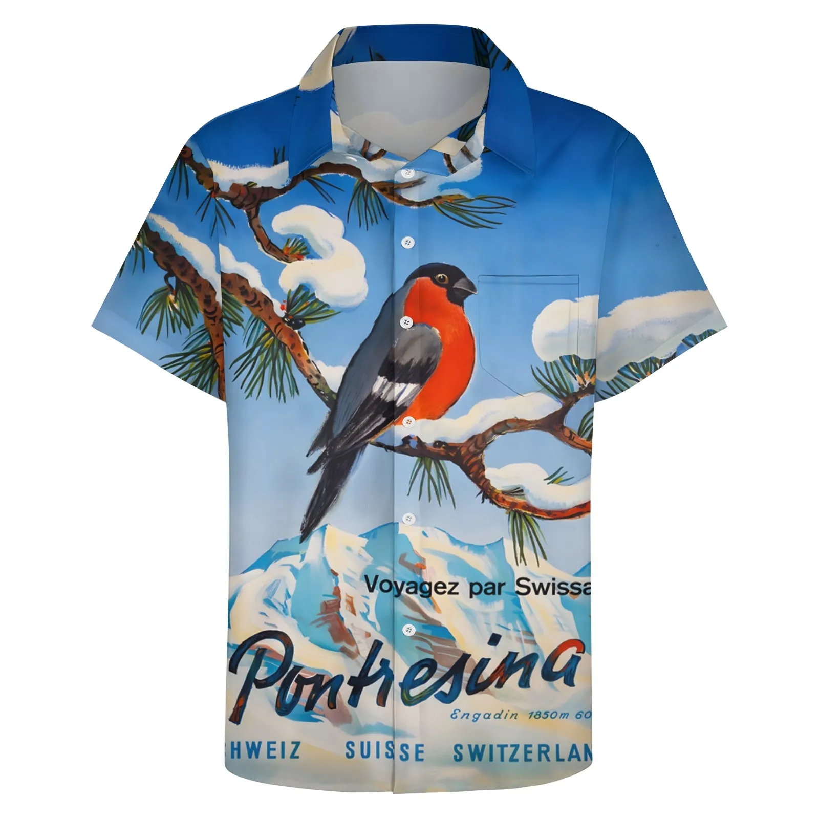 Men's Snowy Mountains And Birds Casual Short Sleeve Shirt 2403000441