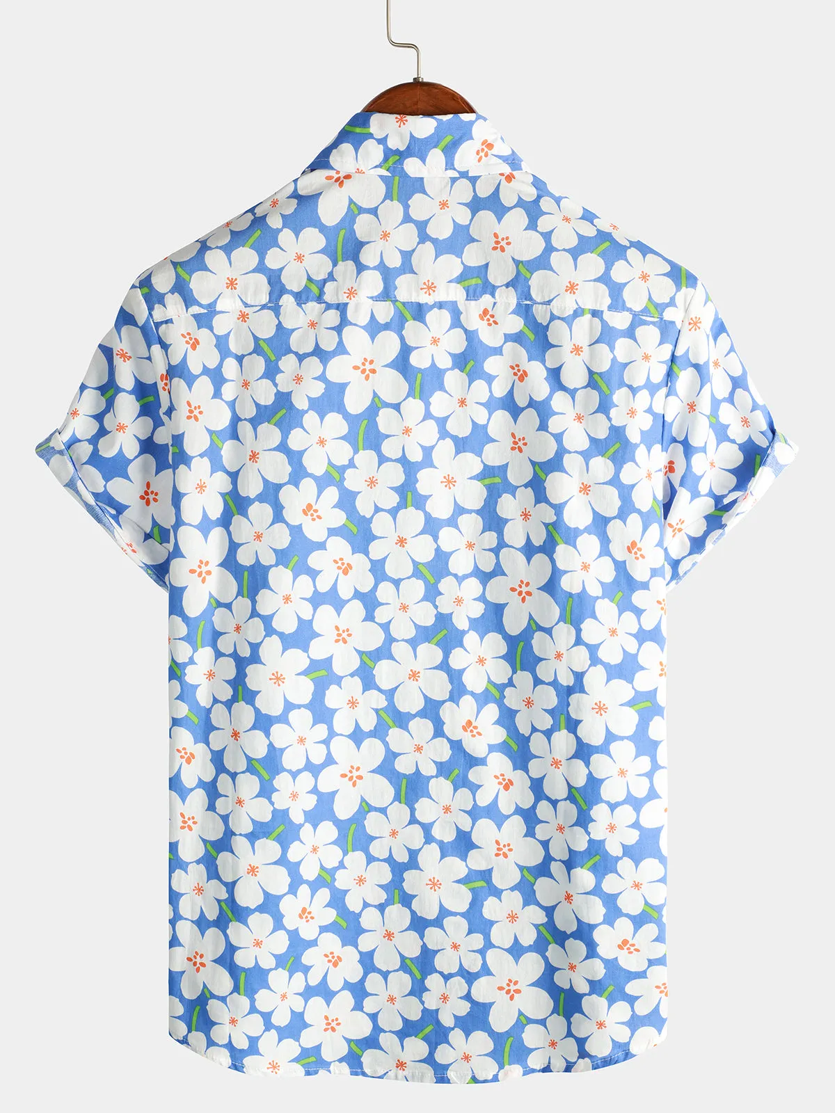 Men's Summer Floral Print Holiday Flower Resort Casual Lapel Light Blue Short Sleeve Shirt