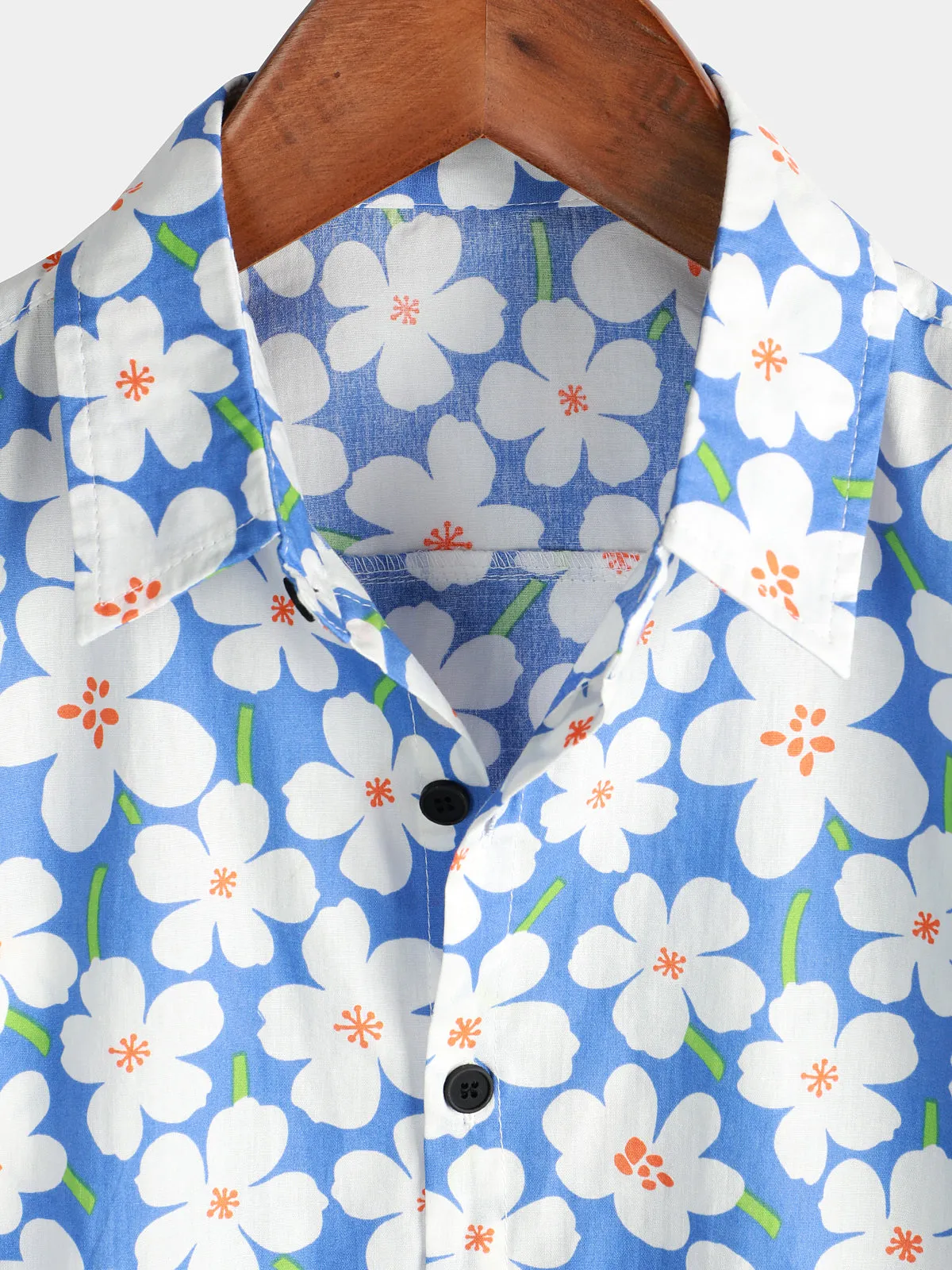Men's Summer Floral Print Holiday Flower Resort Casual Lapel Light Blue Short Sleeve Shirt