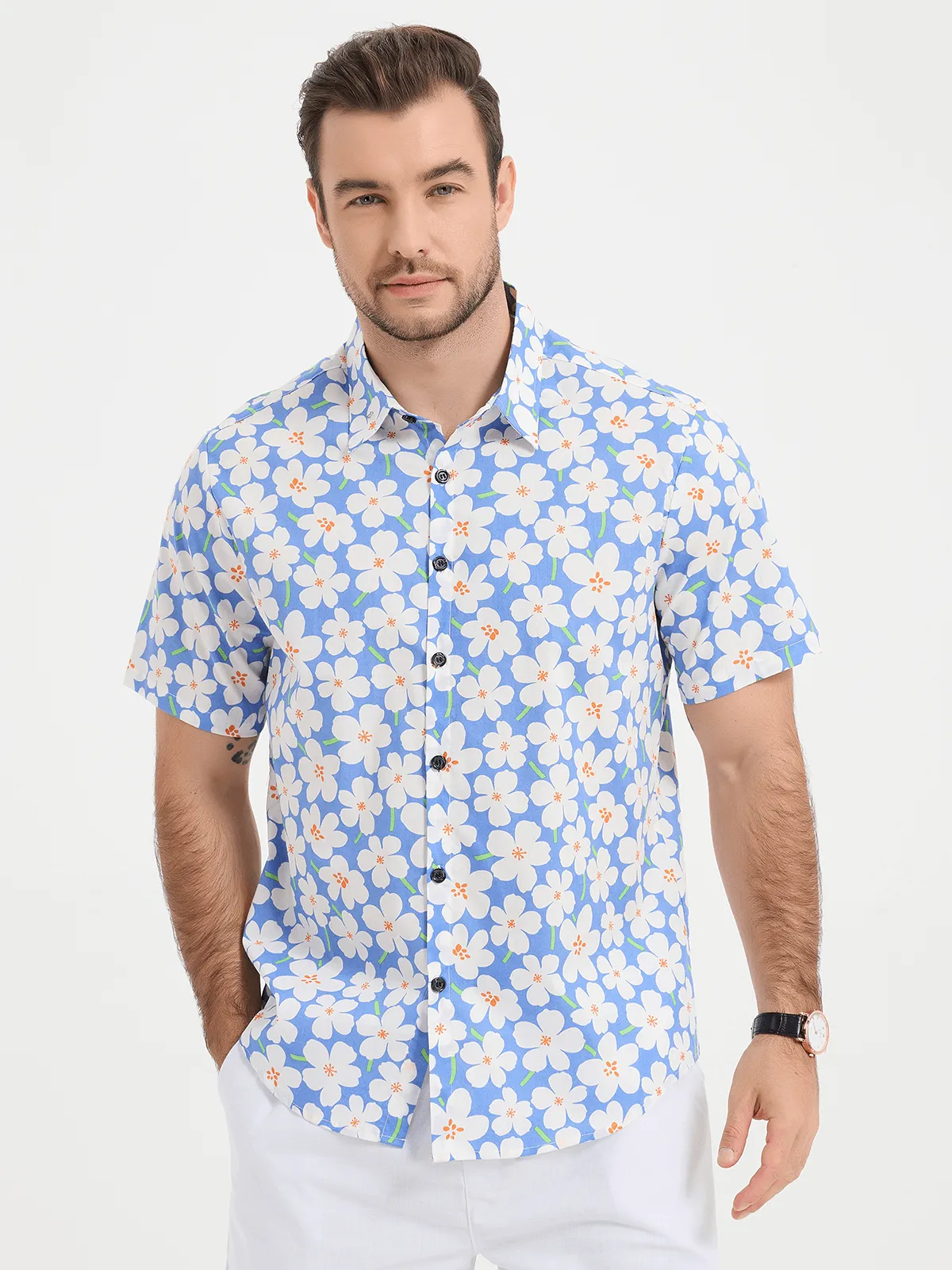 Men's Summer Floral Print Holiday Flower Resort Casual Lapel Light Blue Short Sleeve Shirt