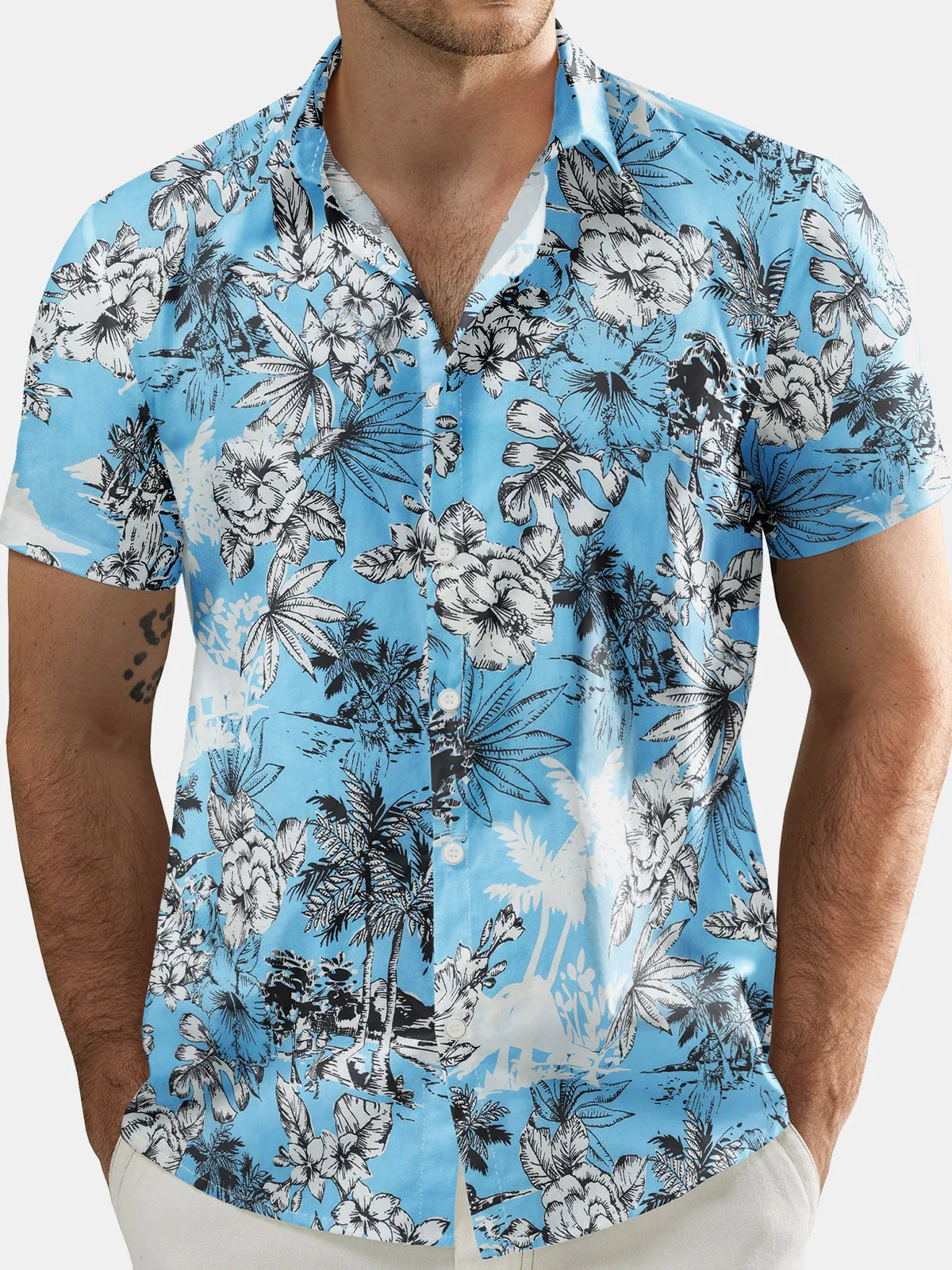 Men's Summer Holiday Tropical Print Button Up Hawaiian Short Sleeve Shirt