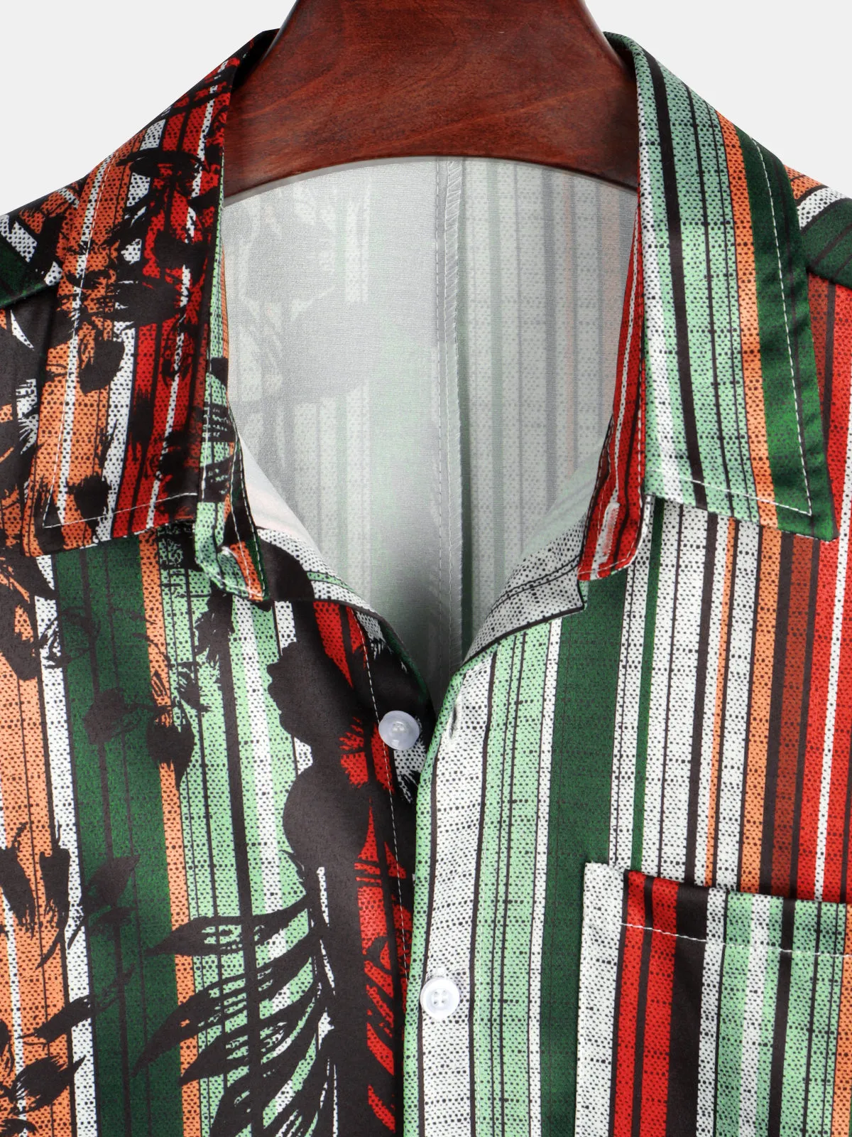 Men's Summer Tropical Print Striped Pocket Hawaiian Beach Short Sleeve Shirt