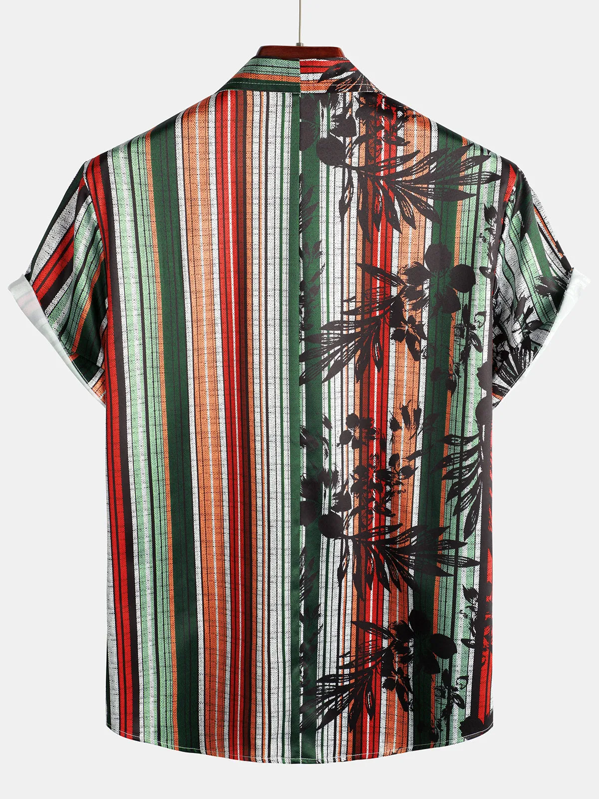 Men's Summer Tropical Print Striped Pocket Hawaiian Beach Short Sleeve Shirt