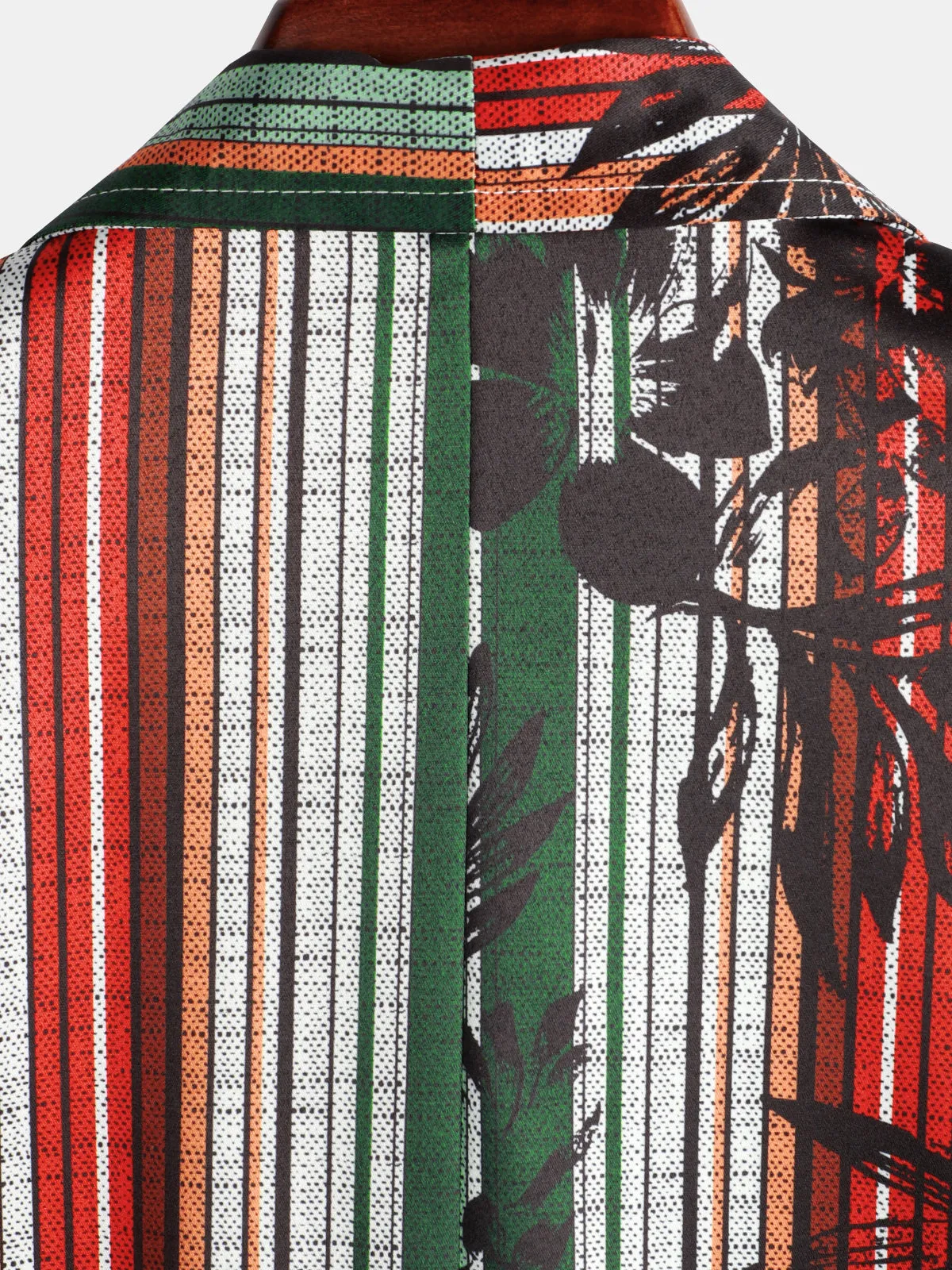 Men's Summer Tropical Print Striped Pocket Hawaiian Beach Short Sleeve Shirt