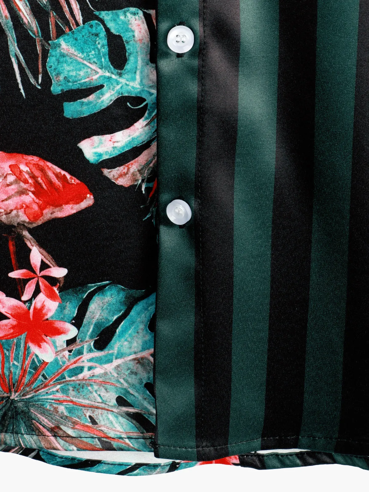 Men's Tropical Flamingo Green Striped Print Pocket Hawaiian Short Sleeve Shirt