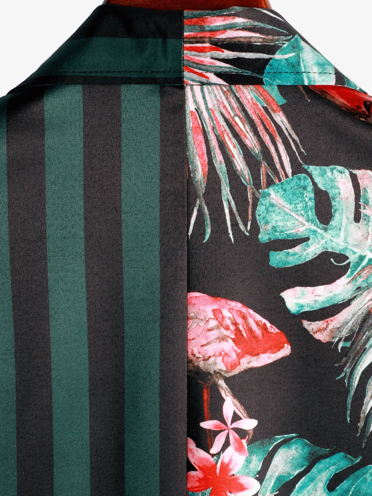 Men's Tropical Flamingo Green Striped Print Pocket Hawaiian Short Sleeve Shirt