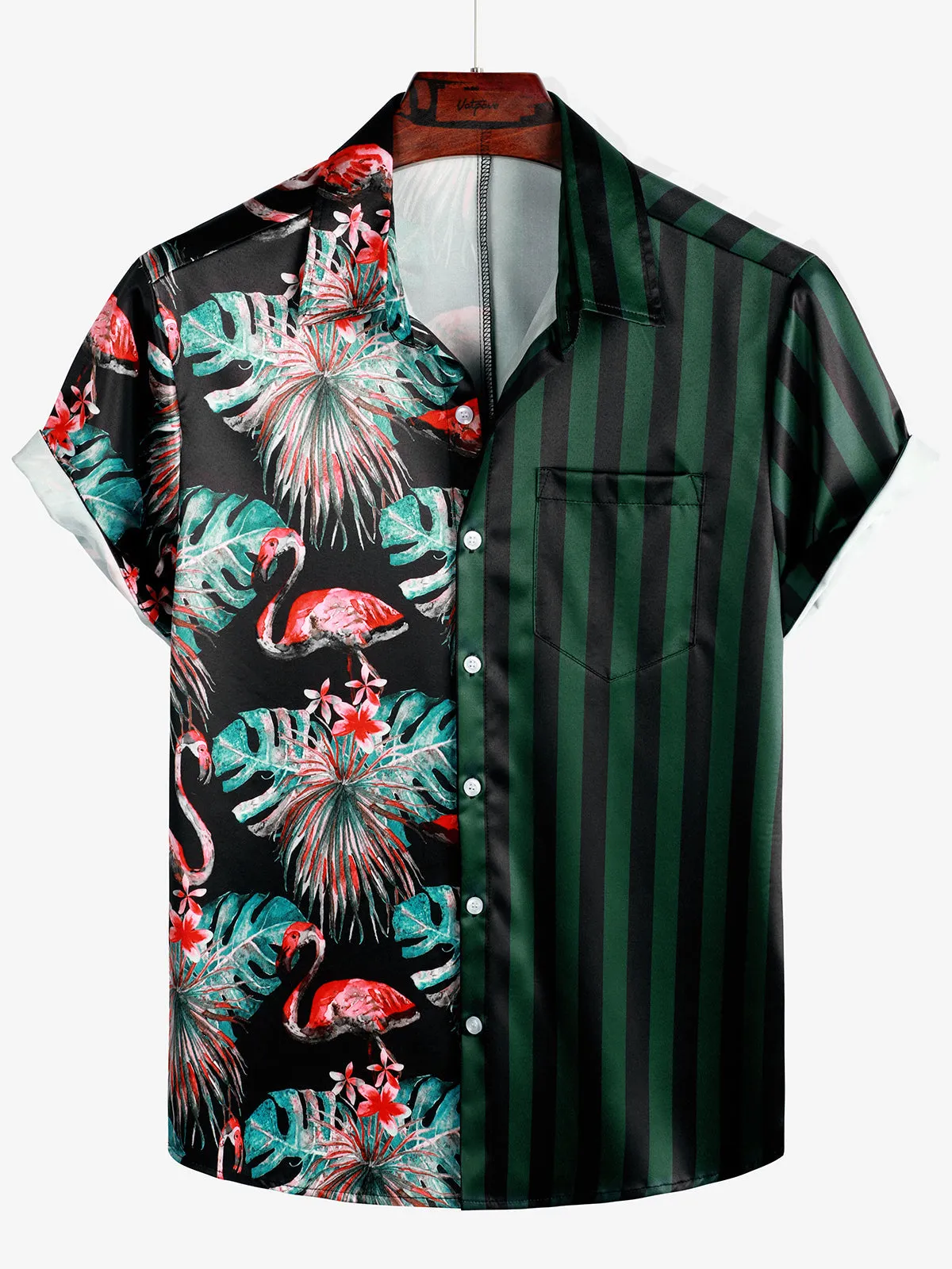 Men's Tropical Flamingo Green Striped Print Pocket Hawaiian Short Sleeve Shirt