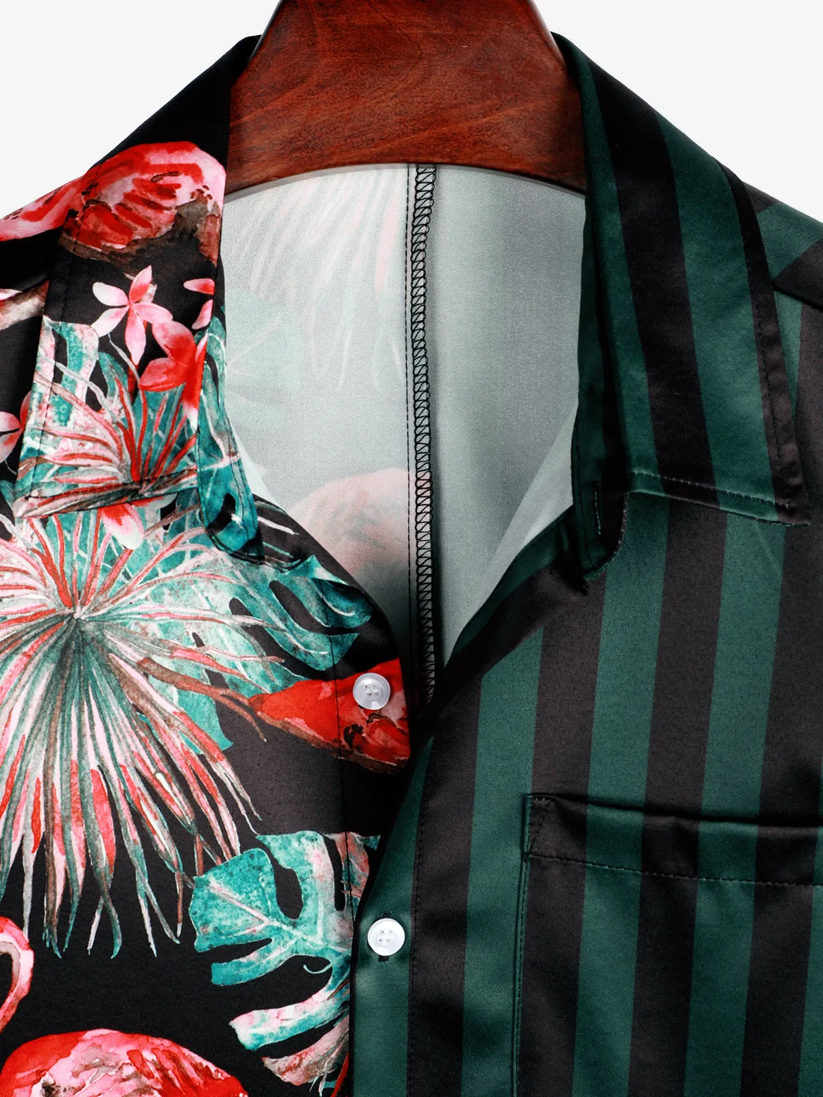 Men's Tropical Flamingo Green Striped Print Pocket Hawaiian Short Sleeve Shirt