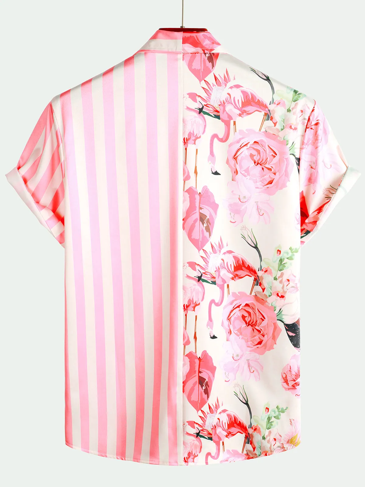 Men's Tropical Flamingo Pink Striped Print Pocket Hawaiian Short Sleeve Shirt