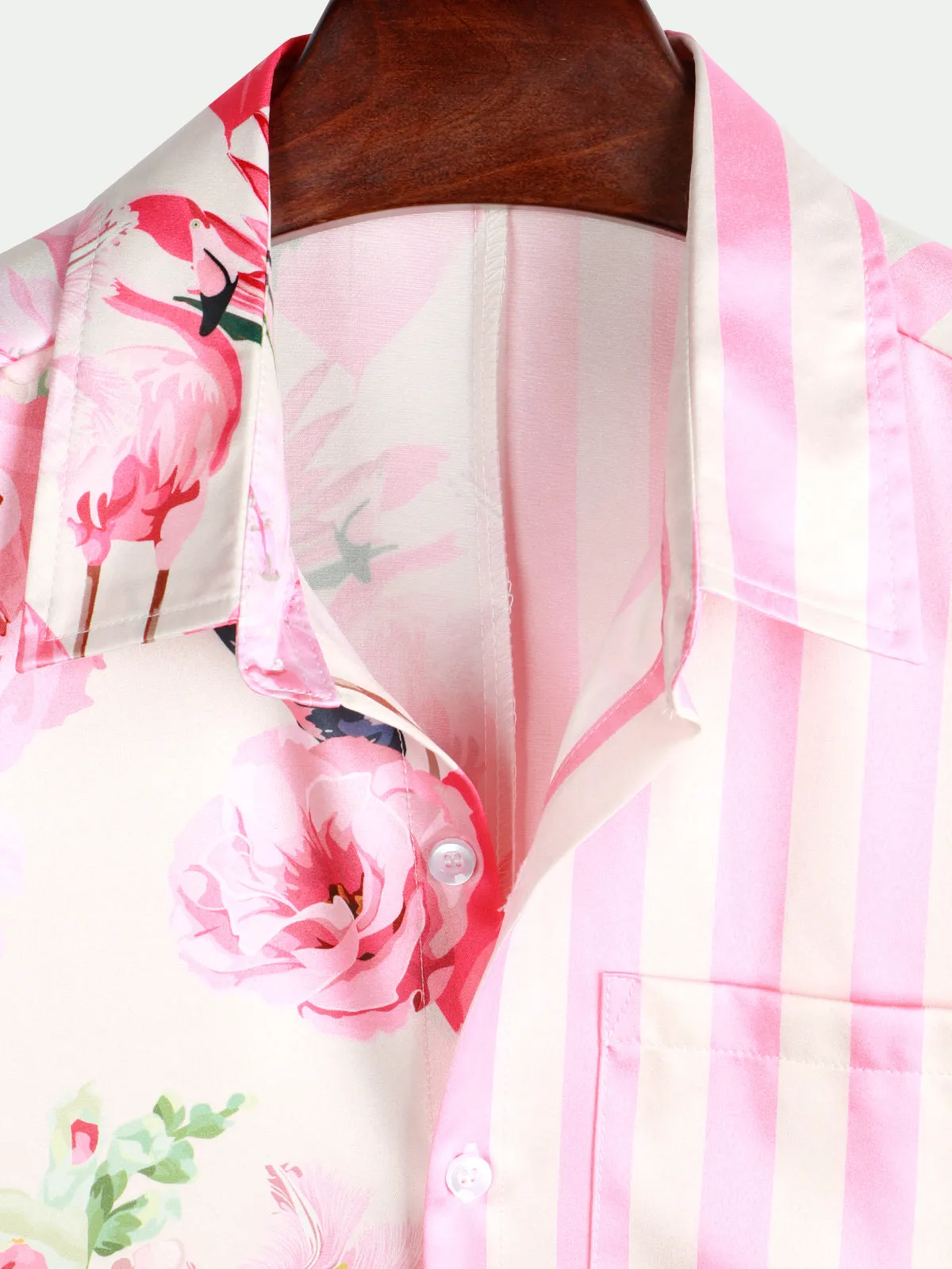 Men's Tropical Flamingo Pink Striped Print Pocket Hawaiian Short Sleeve Shirt