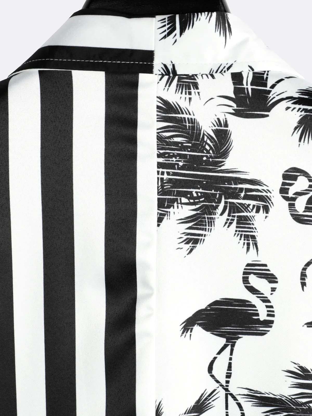 Men's Tropical Flamingo Print Black White Striped Pocket Summer Hawaiian Short Sleeve Shirt