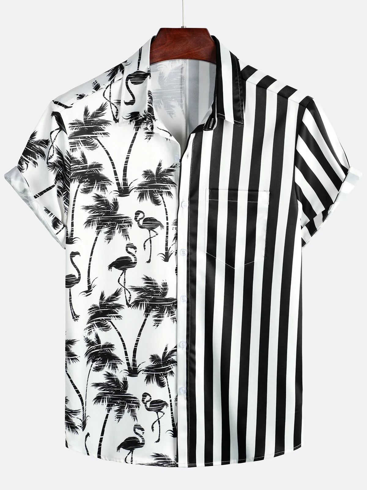 Men's Tropical Flamingo Print Black White Striped Pocket Summer Hawaiian Short Sleeve Shirt