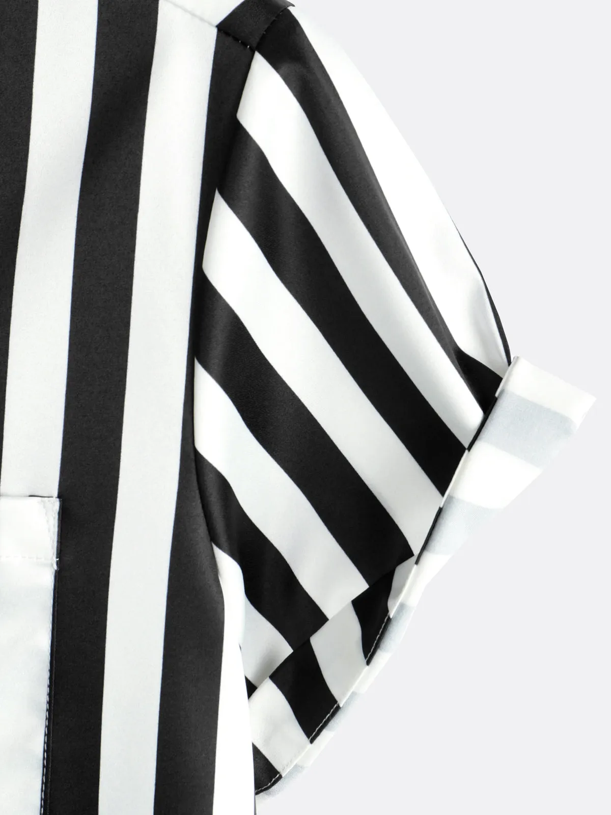 Men's Tropical Flamingo Print Black White Striped Pocket Summer Hawaiian Short Sleeve Shirt
