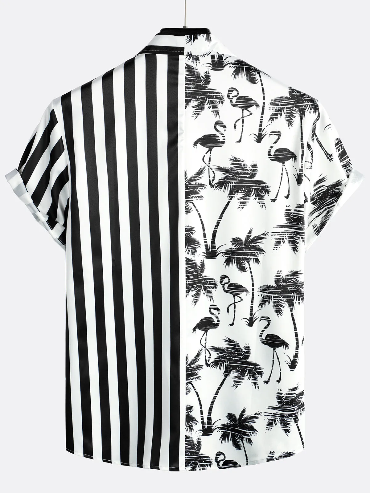 Men's Tropical Flamingo Print Black White Striped Pocket Summer Hawaiian Short Sleeve Shirt