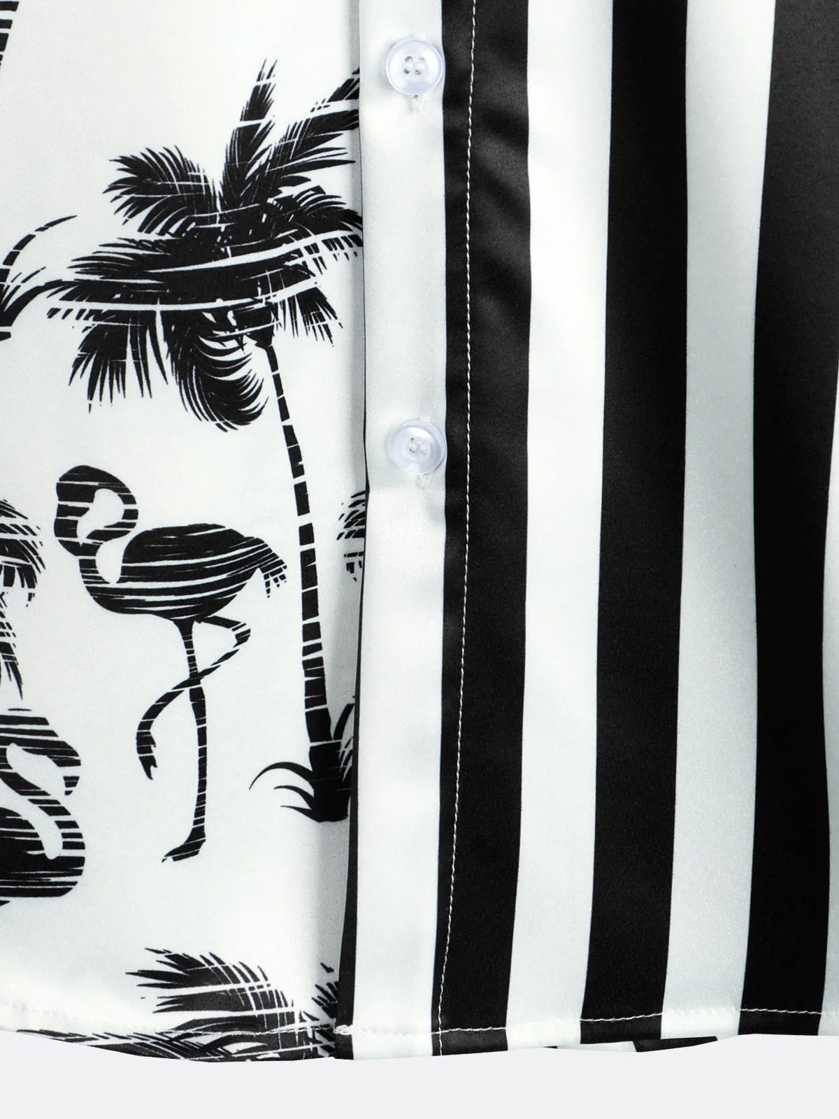 Men's Tropical Flamingo Print Black White Striped Pocket Summer Hawaiian Short Sleeve Shirt