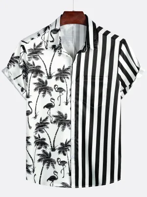 Men's Tropical Flamingo Print Black White Striped Pocket Summer Hawaiian Short Sleeve Shirt