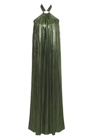Metallic Pleat Halter Gown