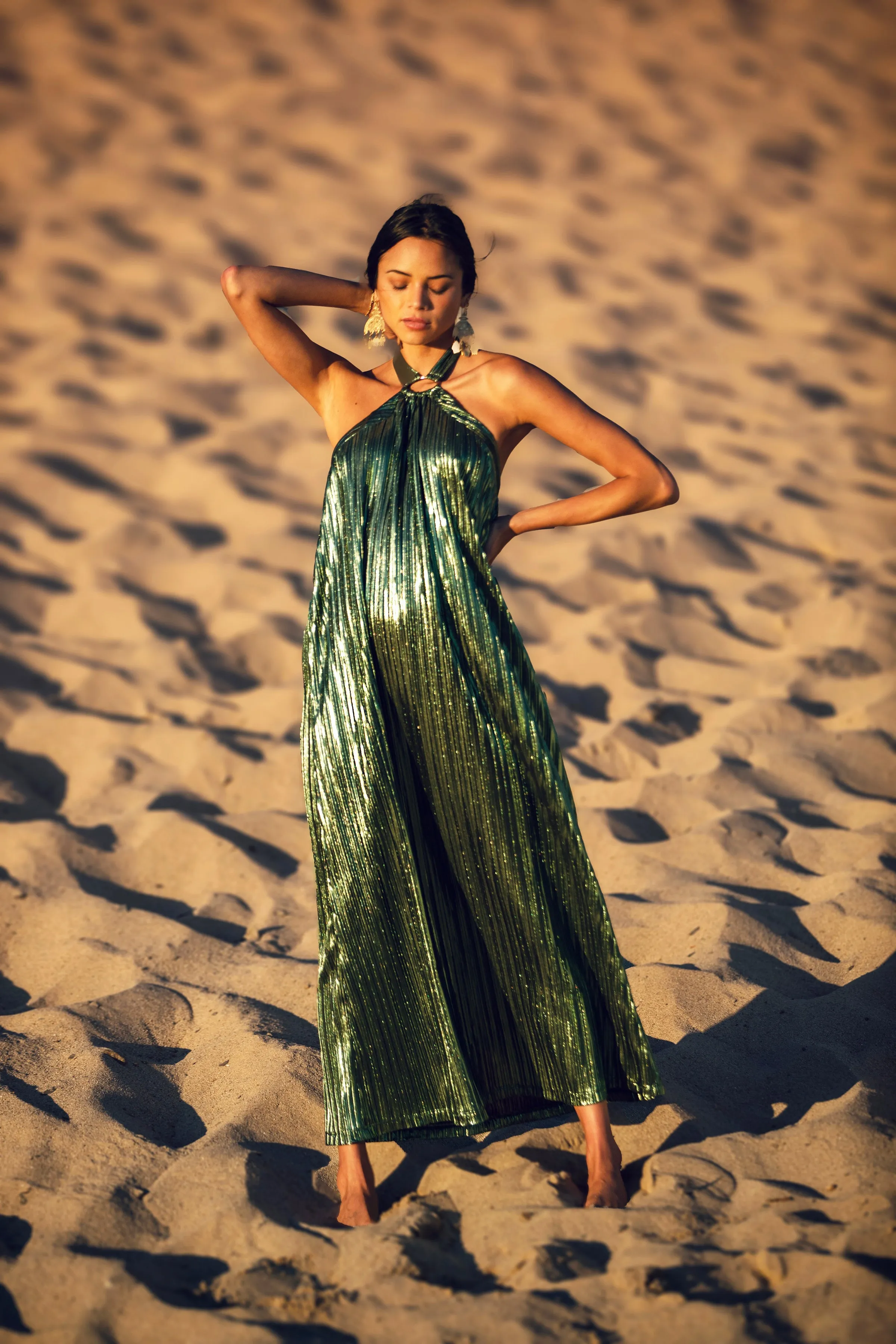 Metallic Pleat Halter Gown