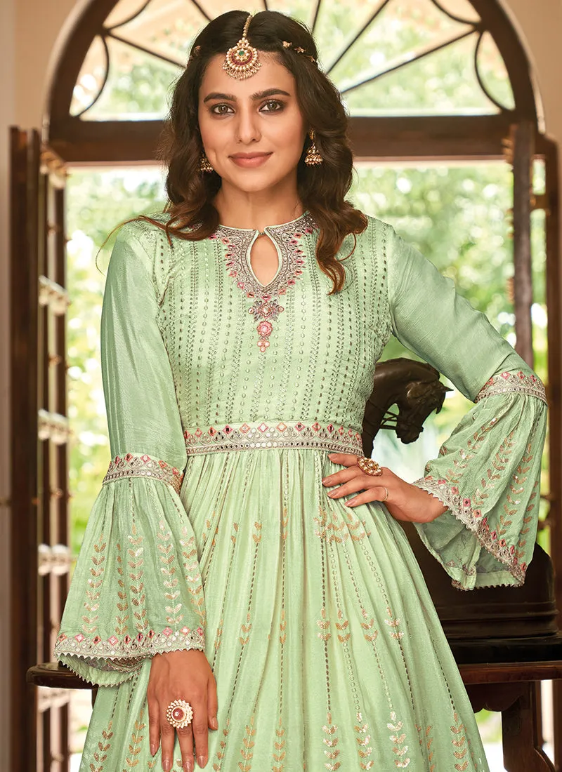 Mint Green Mirror Work Embroidery Anarkali Lehenga Suit